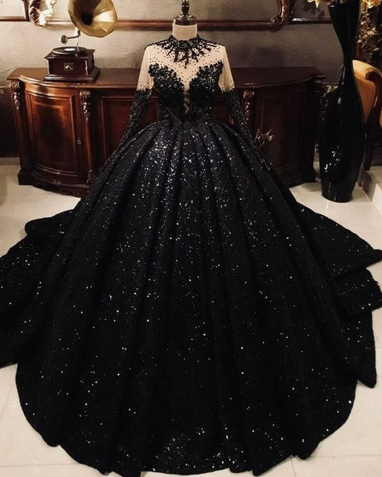 High Neck Ball Gown Black Sequin Wedding Dresses Long Sleeves ...