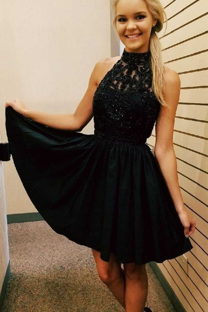 High Neck Beaded Black Lace Short Prom Homecoming Dresses, Black ...