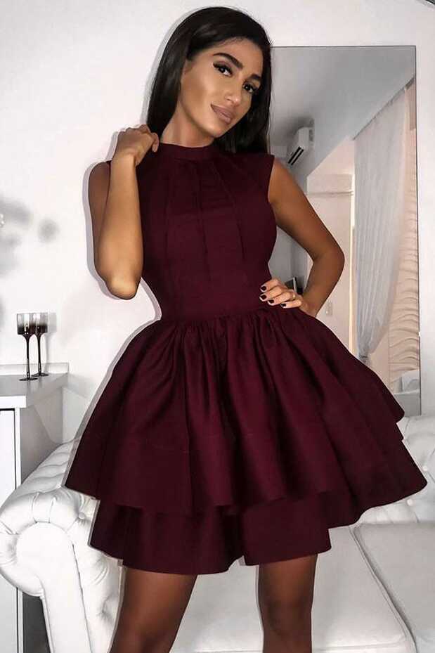 High Neck Burgundy Short Prom Homecoming Dresses With Tiered Skirt ...