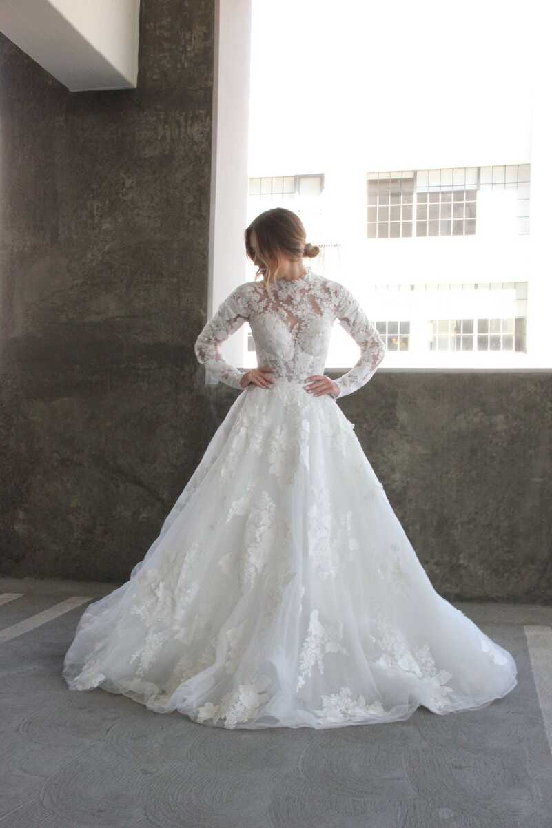 High Neck Lace Ballgown Wedding Dress With Long Sleeves ...