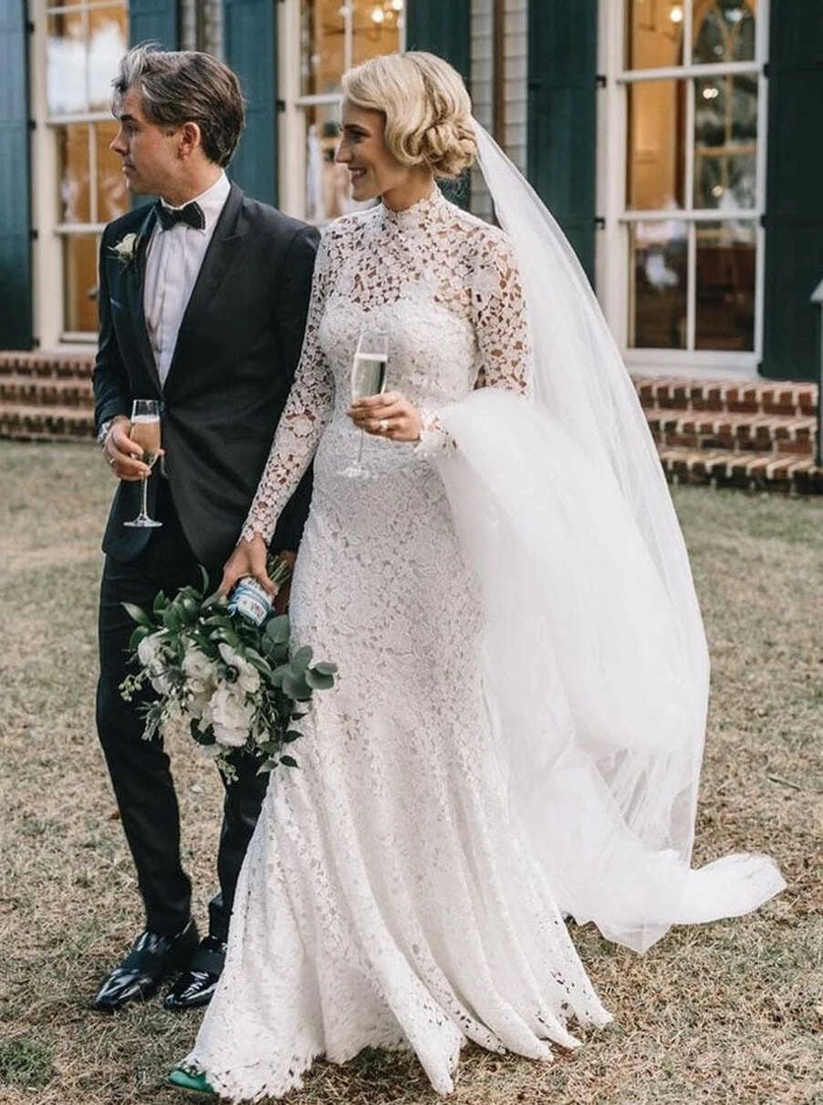 High Neck Lace Long Sleeves Wedding Dress,Fit and Flare Wedding ...