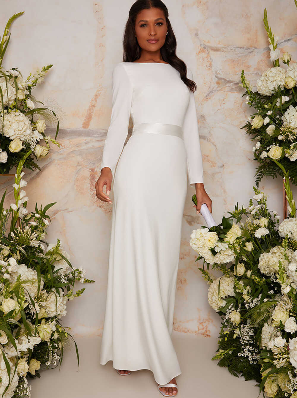 High Neck Long Sleeve Maxi Wedding Dress in White – Chi Chi London