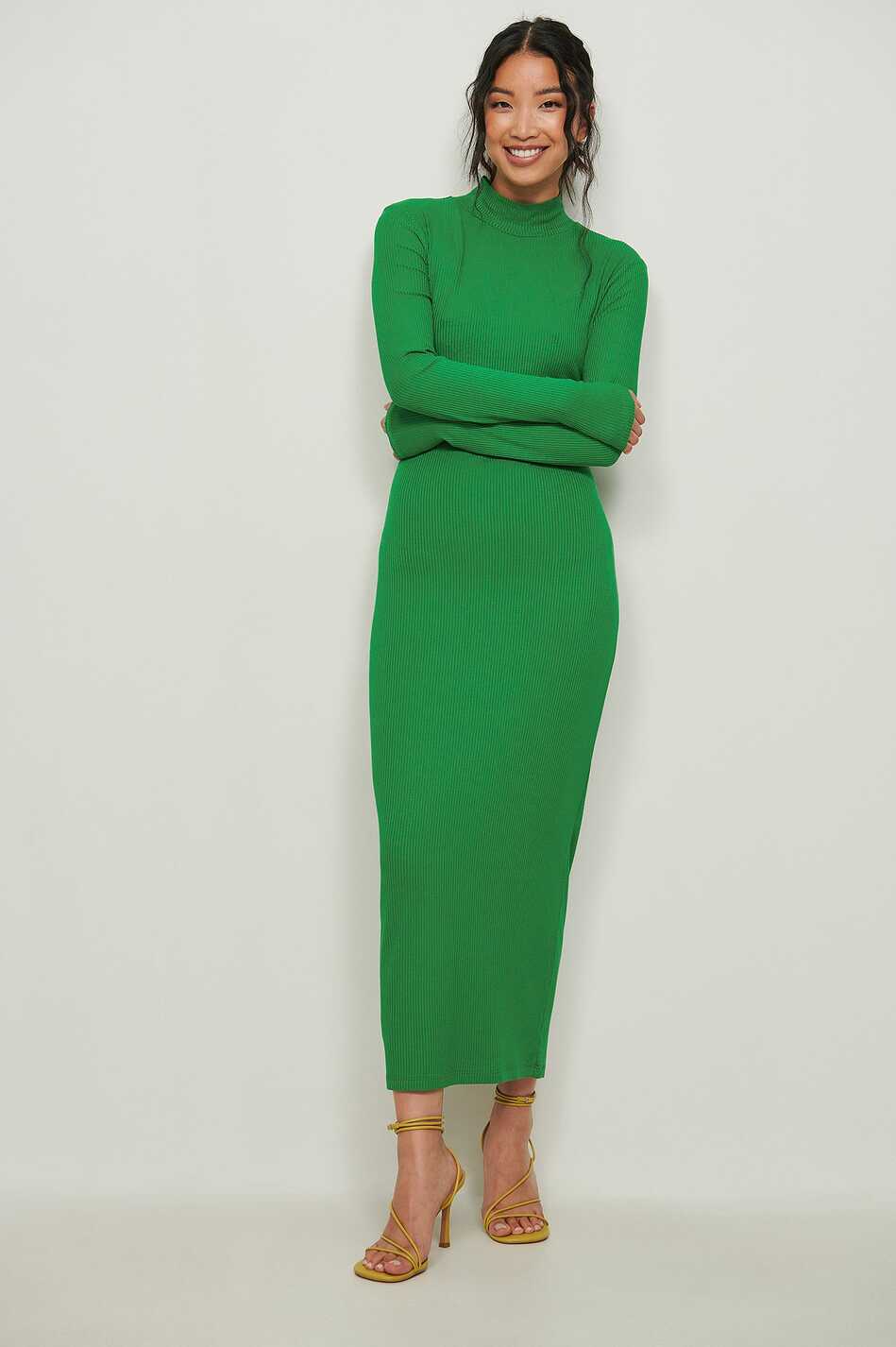 High Neck Long Sleeved Midi Rib Dress Green | NA-KD