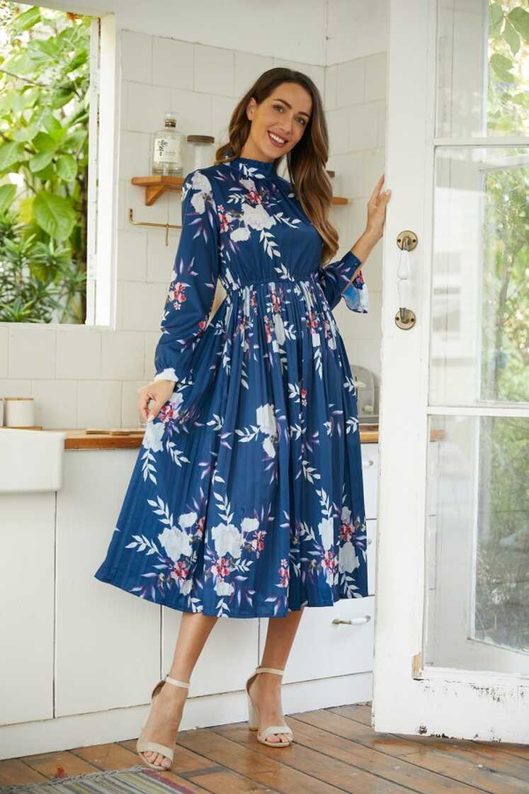 High Neck Long Sleeves Pleated Floral Dress - Cherieday