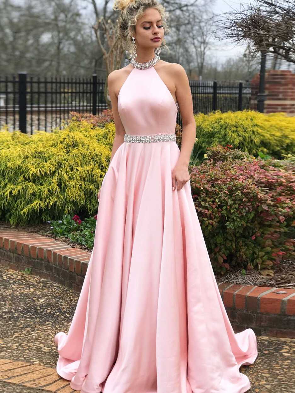 High Neck Pink Prom Dresses Cheap Beading Prom Dress/Evening Dress ...