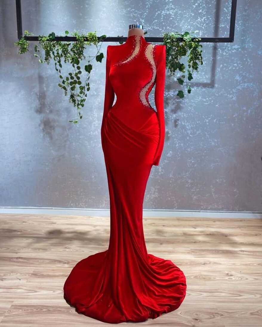 High Neck Red Evening Dresses 2023 Abendkleider Beaded Long Sleeve ...