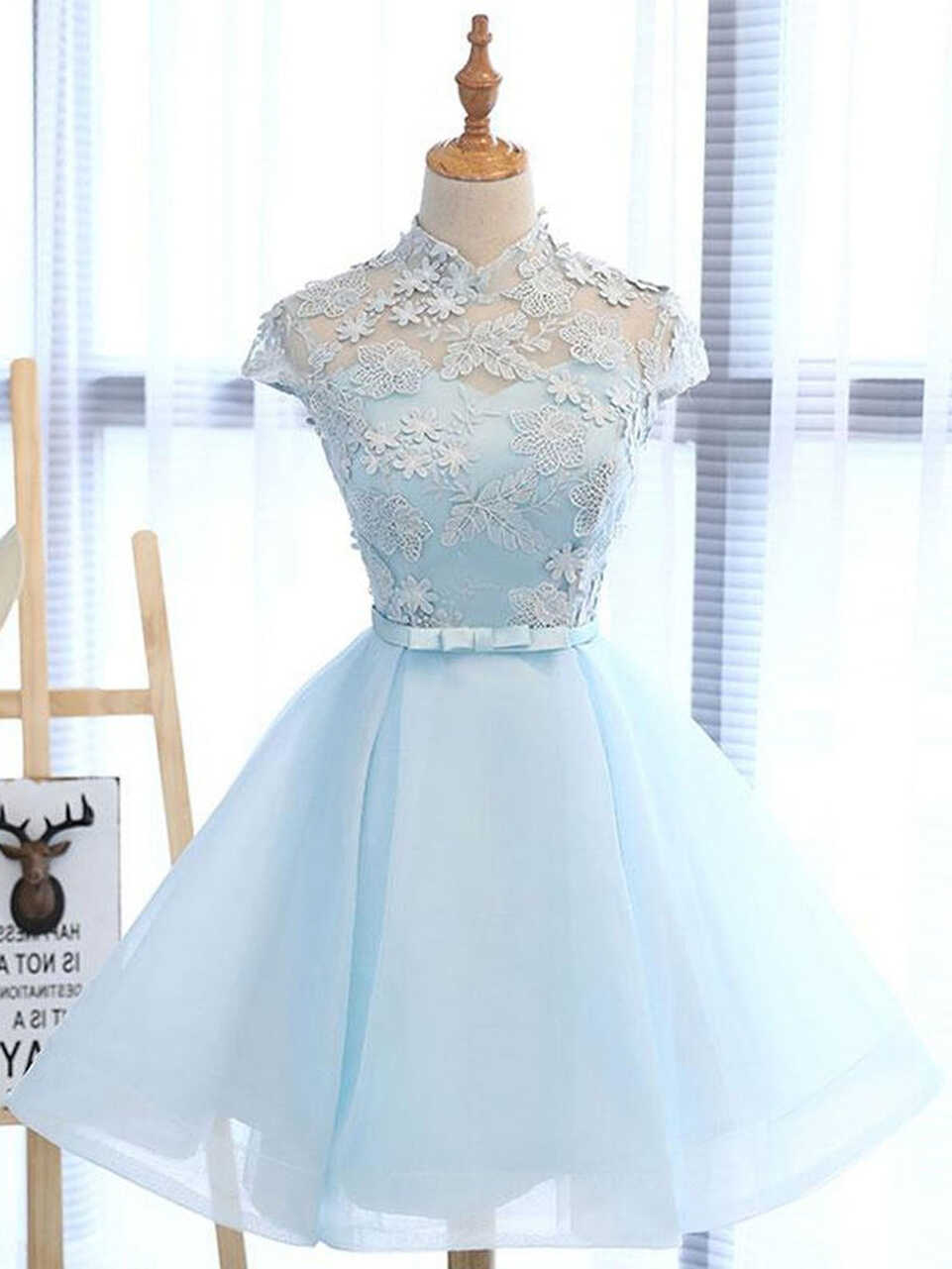 High Neck Short Blue Lace Prom Dresses, Short Blue Lace Graduation ...