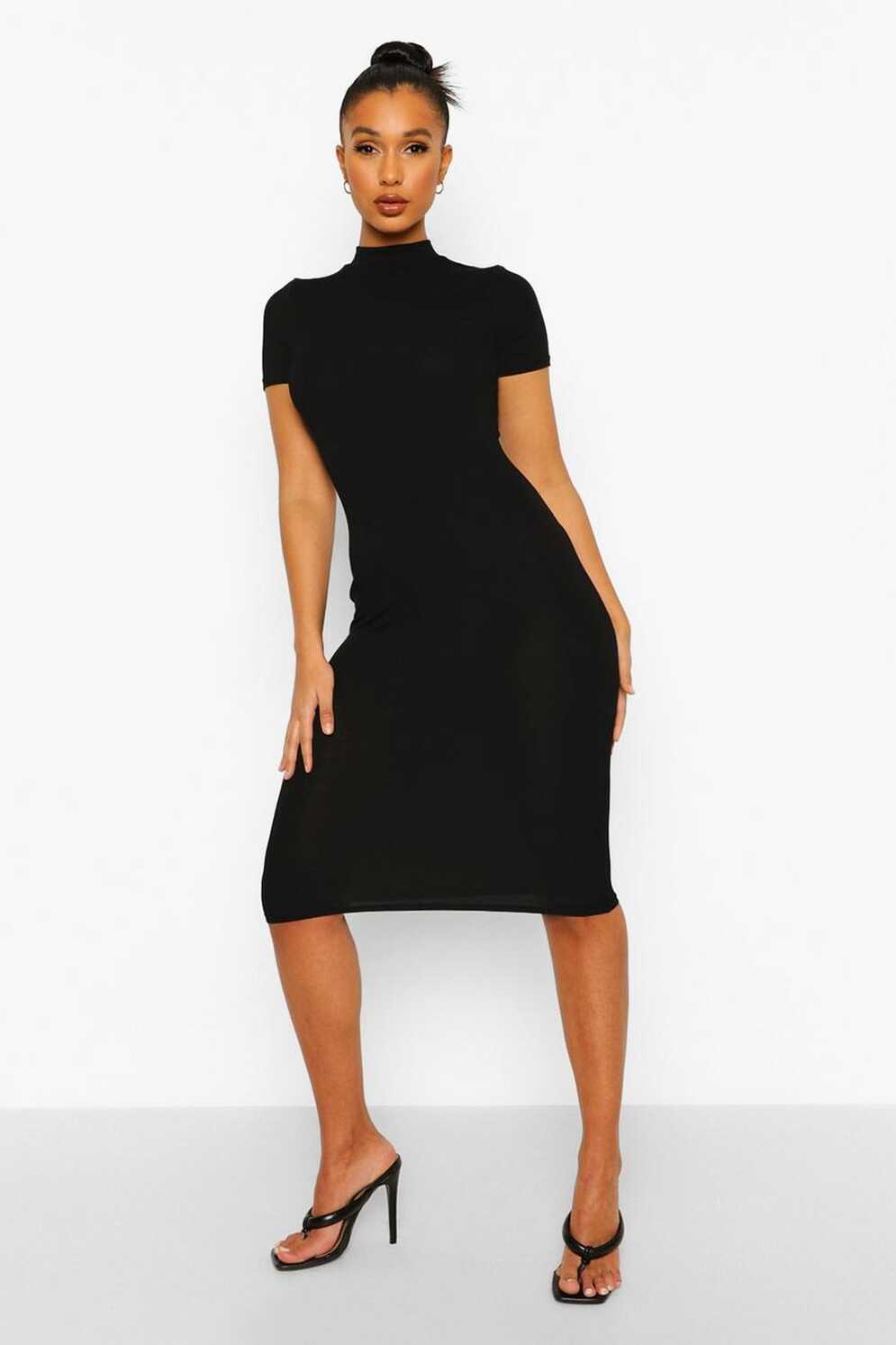 High Neck Short Sleeve Midi Bodycon Dress