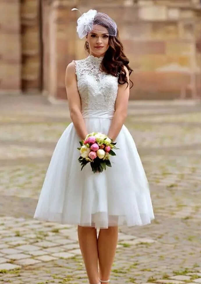 High-Neck Sleeveless A-line/Princess Knee-Length Tulle Wedding ...