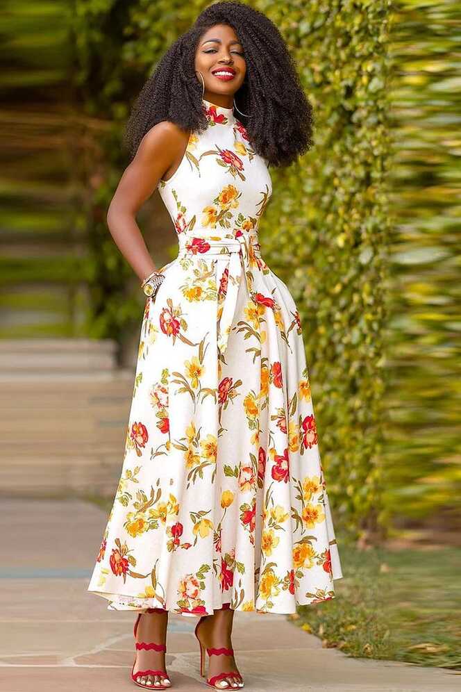 High Neck Sleeveless Floral Print A-Line Vacation Maxi Dress