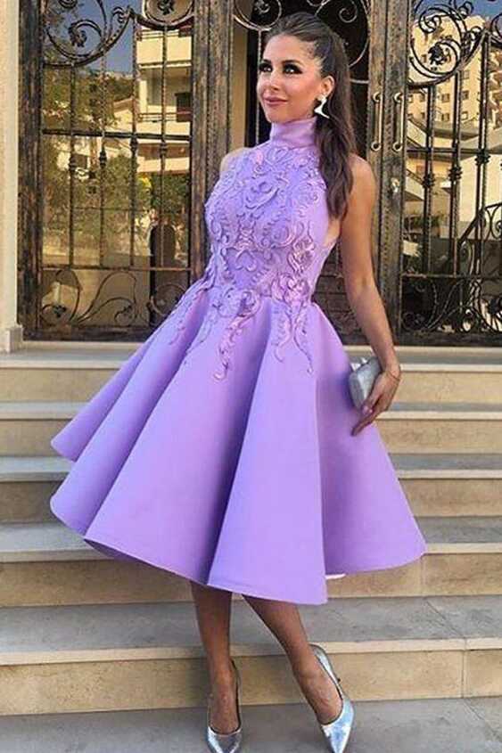 High Neck Tea-Length Purple Satin Homecoming Dress With Appliques ...