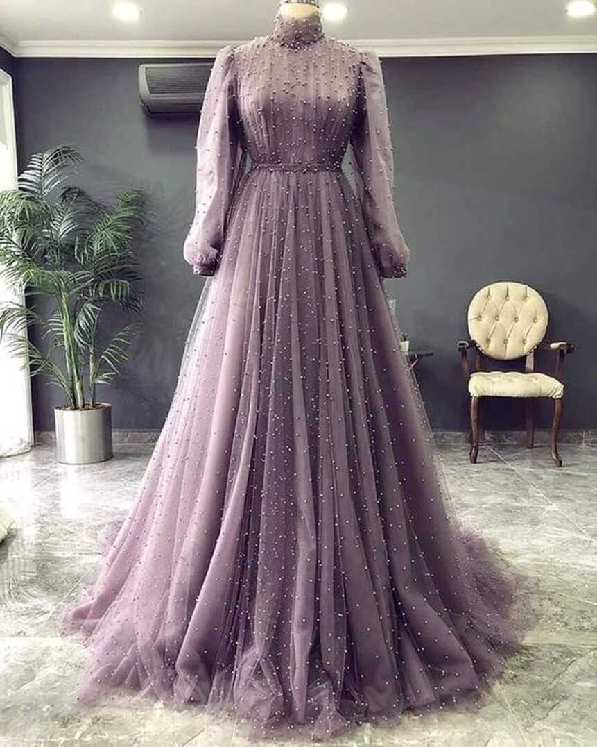 High Neck Vintage Prom Dresses 2023 Long Sleeve Beaded A Line ...