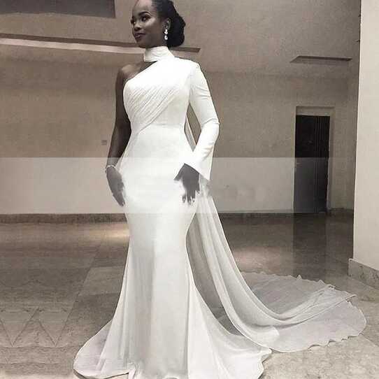 High Neck White Evening Gown With Cape One Shoulder Long Sleeve ...