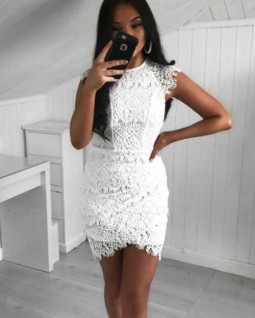 High Neck White Lace Tight Party Dress with Tulip Skirt HD3164