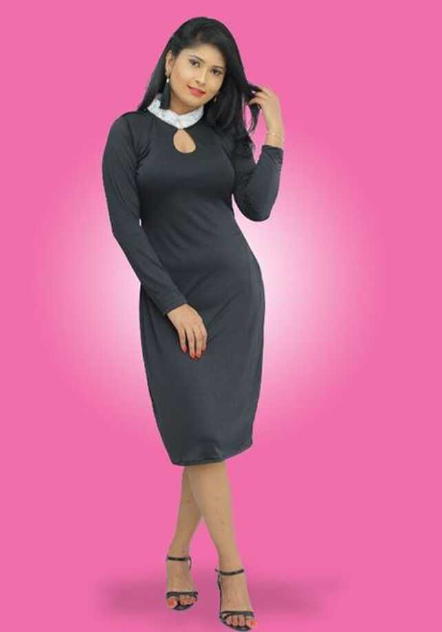 High Necked Long Sleeves Tight Midi Dress-SunMart Lanka