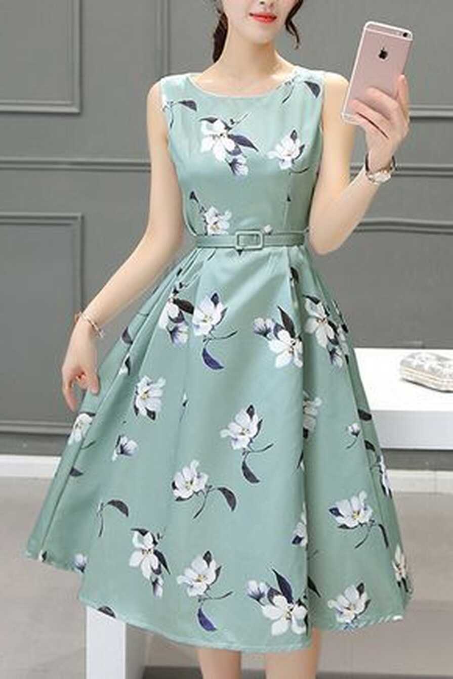 High Waist A-line Floral Print Sleeveless Dress