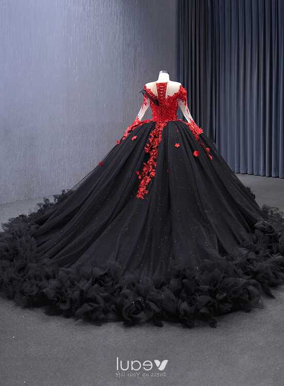 High-end Black Lace Flower Beading Sequins Appliques Court Train ...