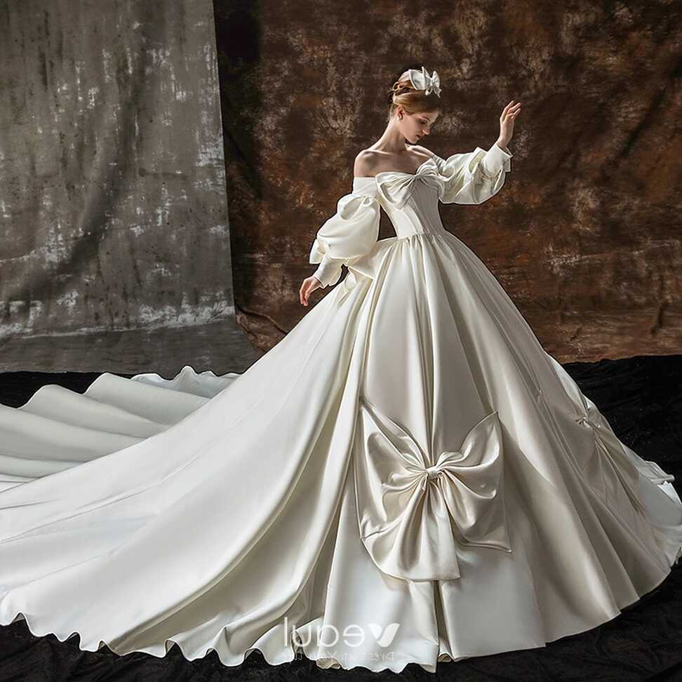 High-end Ivory Bow Satin Wedding Dresses 2022 Ball Gown Off-The ...