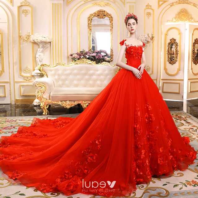 High-end Red Wedding Dresses 2019 A-Line / Princess Scoop Neck ...