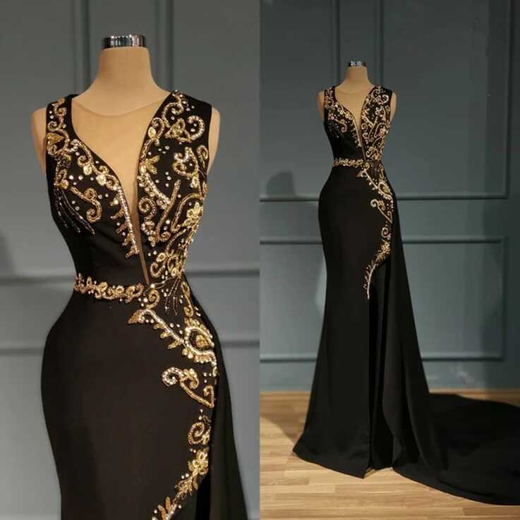 High-grade Black Mermaid Evening Dresses With Delicate Gold Floral ...