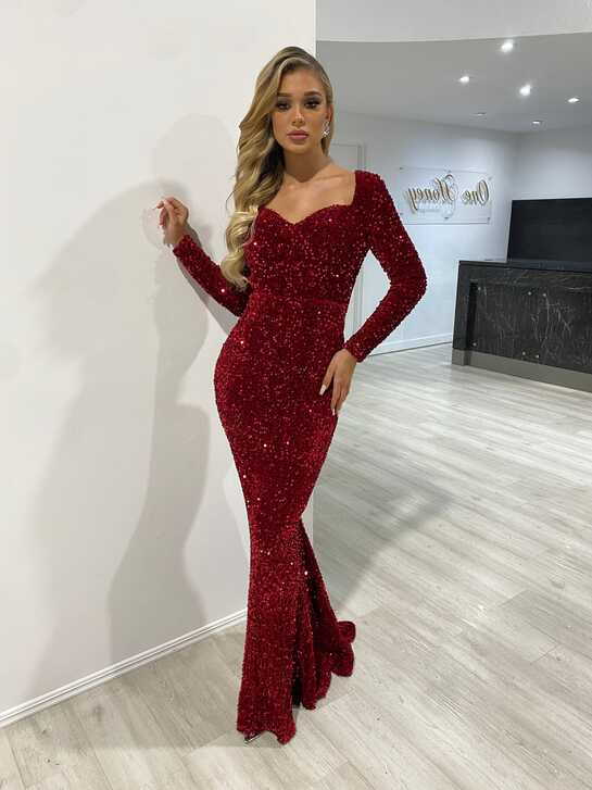 Honey Couture ALISON Burgundy Sequin Long Sleeve Formal Dress