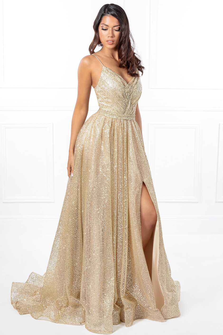 Honey Couture AVA Gold Glitter Sparkle Ball Gown Formal Dress