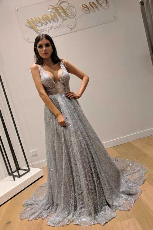 Honey Couture DAZZLING Silver Sequin Princess Formal Gown Dress