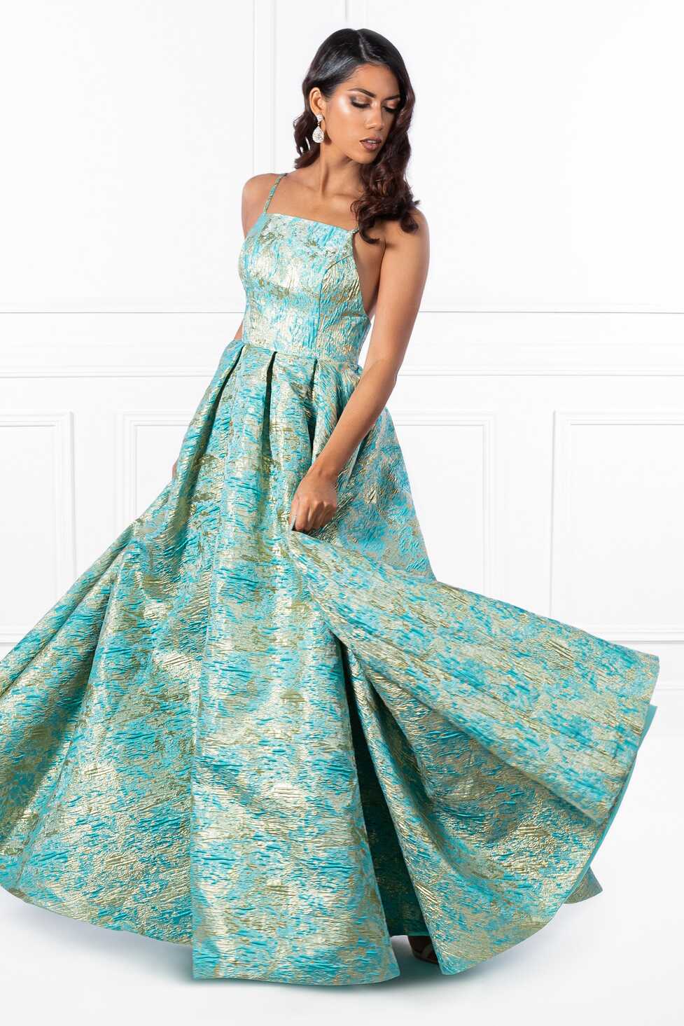 Honey Couture INGA Floral Teal Print Formal Dress