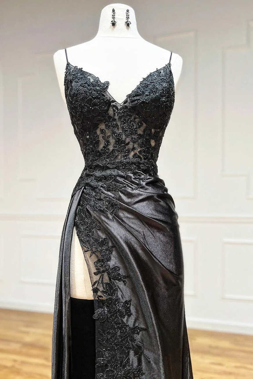 Hot 2024 Black Long Prom Dress Lace V Neck Formal Dresses A Line ...