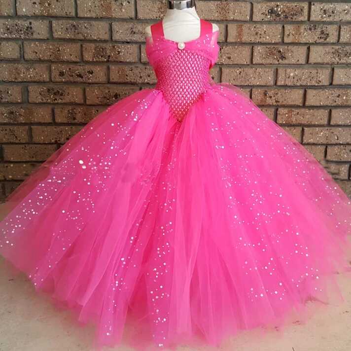 Hot Girls Pink Glitter Tutu Dress Kids Crochet Sparkle Tulle Dress ...