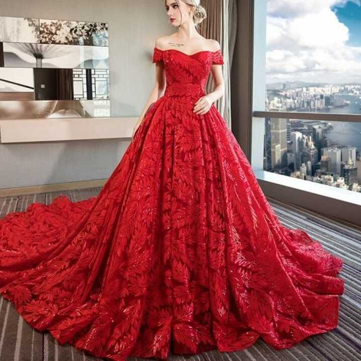 Hot Item] Red Wedding Dress Lace Bridal Ball Gown Feather Llike ...