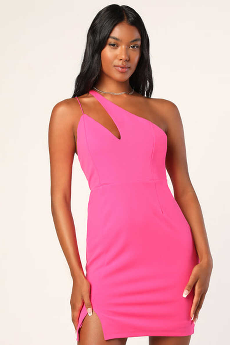 Hot Pink Bodycon Dress - One-Shoulder Dress - Asymmetrical Dress ...