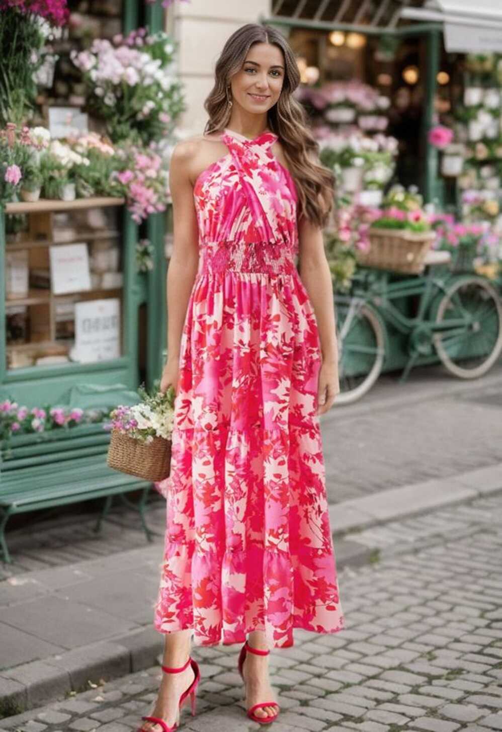 Hot Pink Floral Halter Maxi Dress - Retro, Indie and Unique Fashion