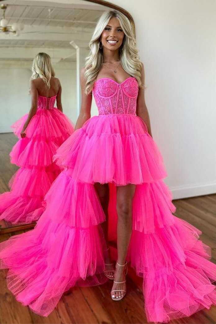 Hot Pink High Low Sweetheart Tiered Prom Dress Evening Dress ...