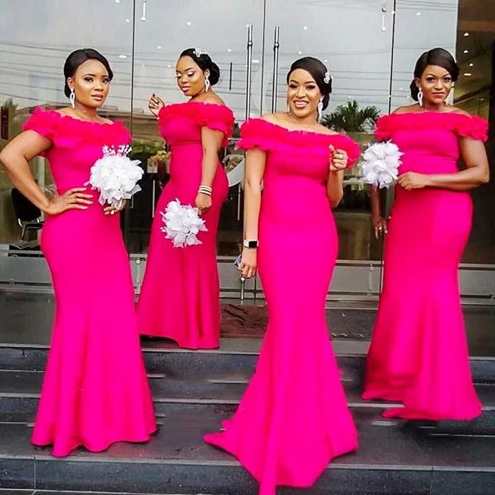 Hot Pink Mermaid Bridesmaid Dresses Long Ruffles Off Shoulder Plus ...