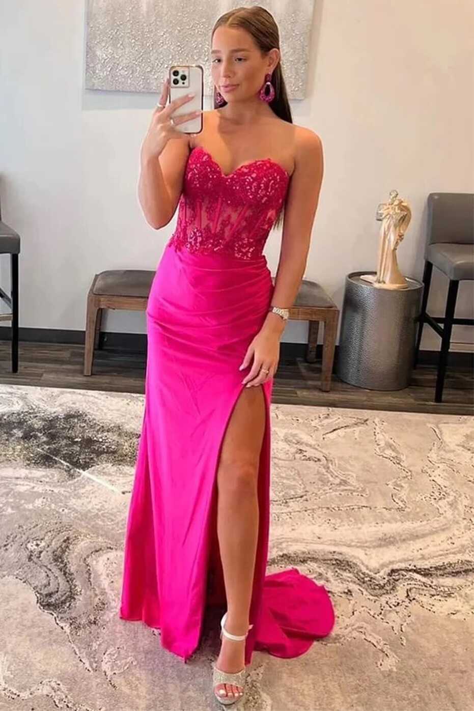 Hot Pink Mermaid Strapless Lace Prom Dresses, MP899 | Musebridals