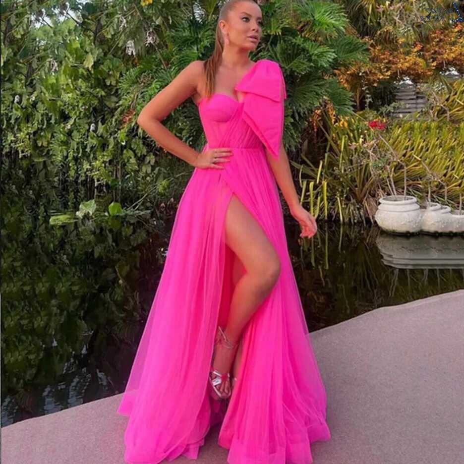 Hot Pink One-Shoulder Long Prom Dress 2023 Sexy High Slit Tulle ...