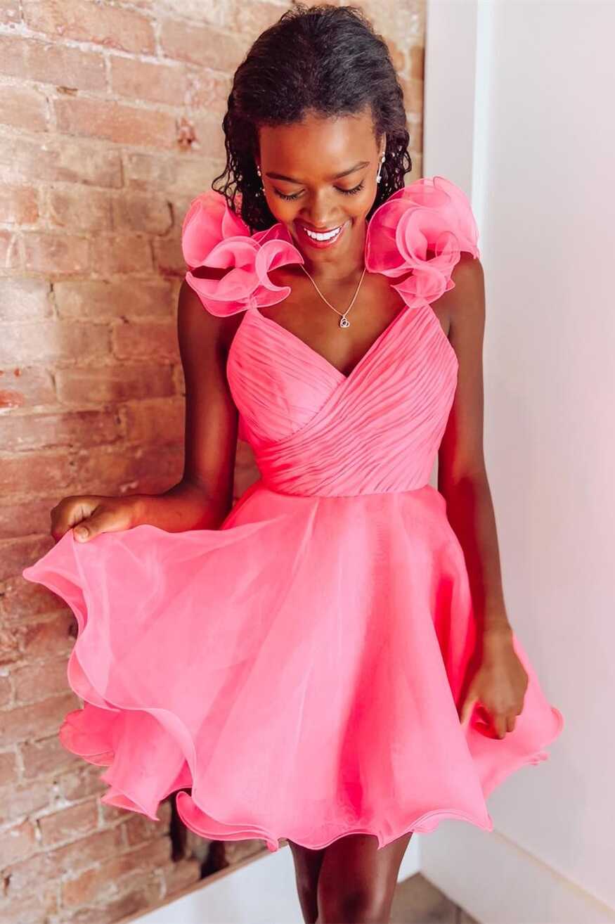 Hot Pink Organza Surplice-Neck Short Party Dress with Ruffles ...