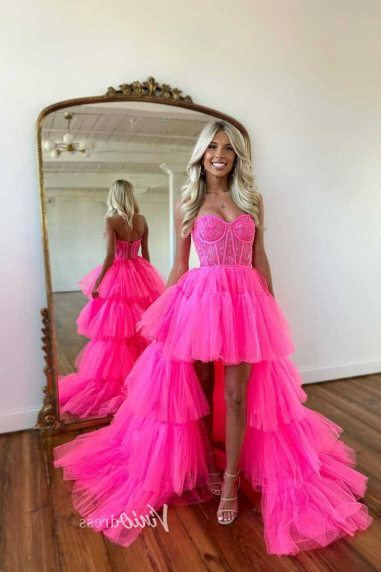 Hot Pink Ruffle High-Low Prom Dresses Lace Applique Strapless ...