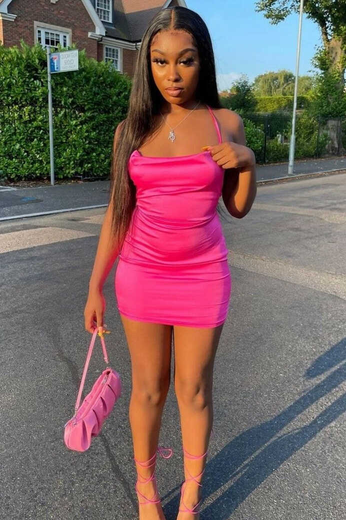 Hot Pink Satin Cowl Neck Mini Dress Uniquely Sophia&#39;s