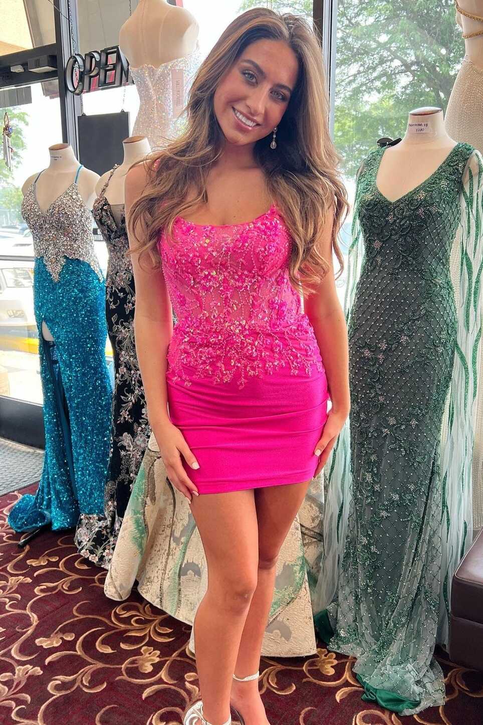 Hot Pink Sequin Lace Backless Fitted Homecoming Dress | KissProm