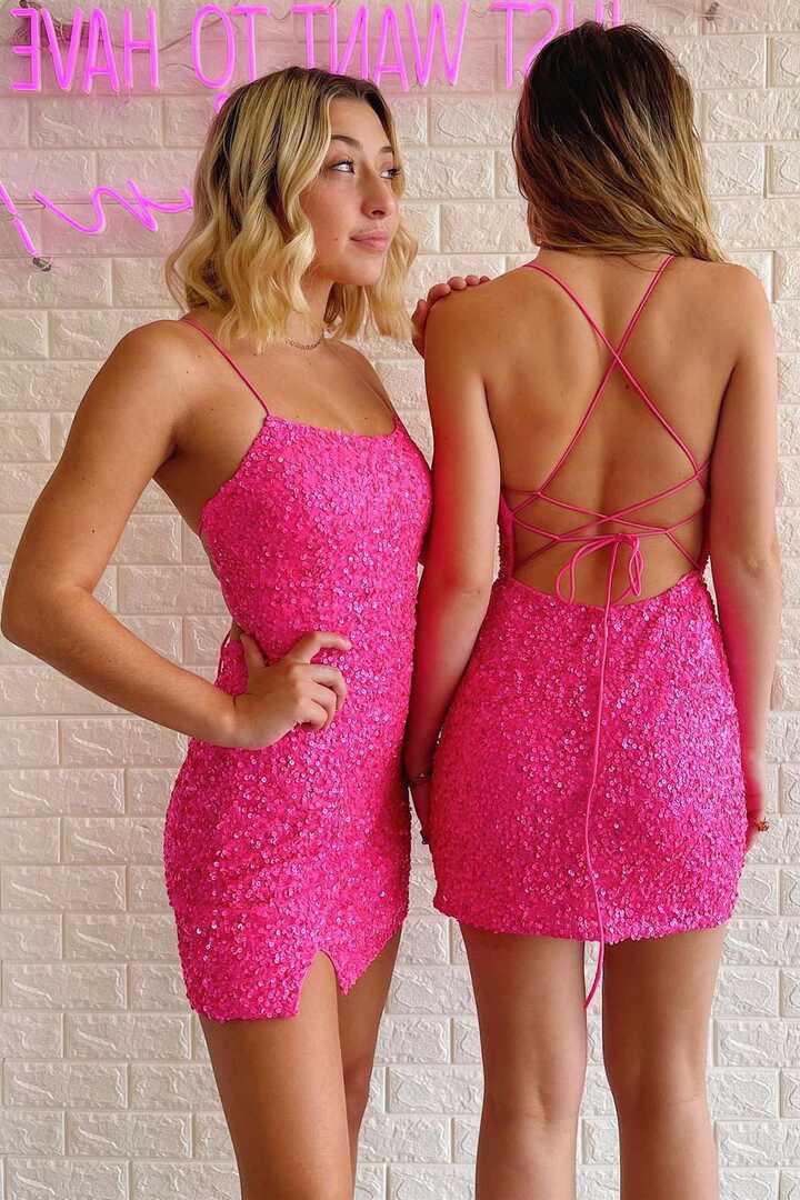 Hot Pink Sequin Lace-Up Homecoming Dress with Slit – Modsele