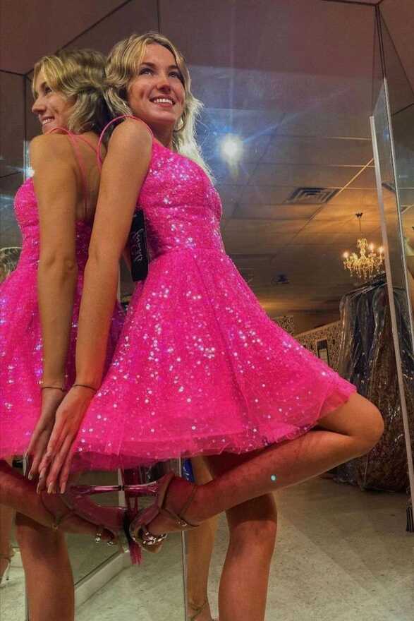 Hot Pink Sequined Short Party Dress