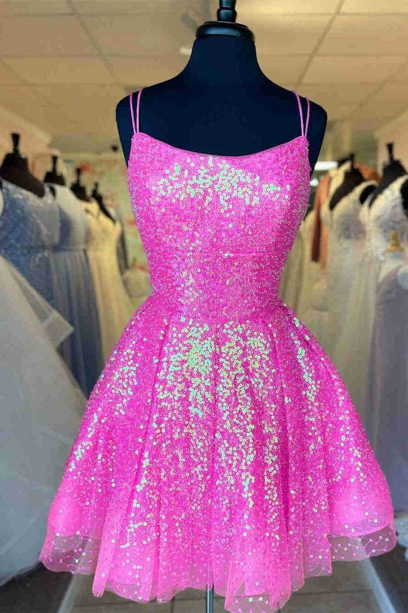 Hot Pink Sequins A-Line Homecoming Dress | KissProm