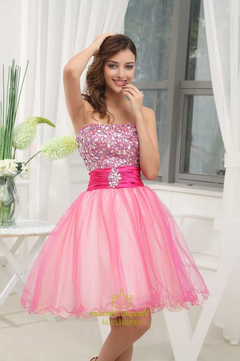 Hot Pink Short Strapless Prom Dresses, Hot Pink Semi Formal Dresses