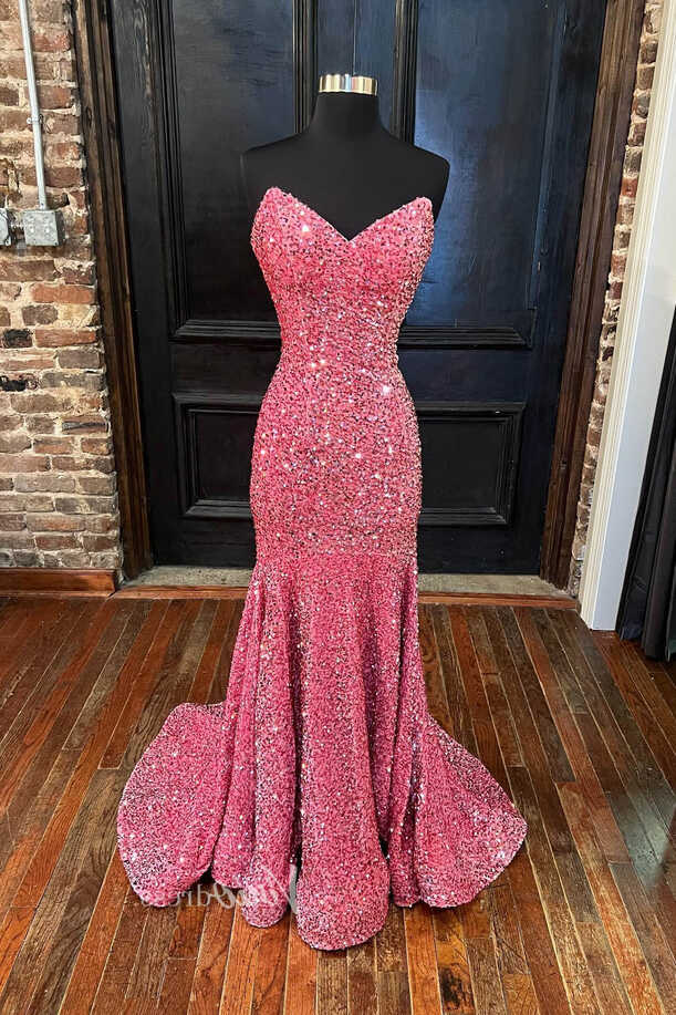 Hot Pink Sparkly Sequin Formal Dress Sweetheart Neck Prom Dresses ...