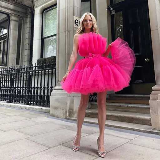 Hot Pink Strapless A Line Cocktail Party Dress With Puffy Tulle ...