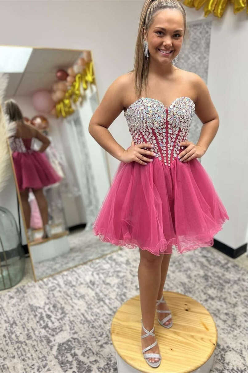 Hot Pink Strapless Beaded A-Line Short Party Gown – Dreamdressy