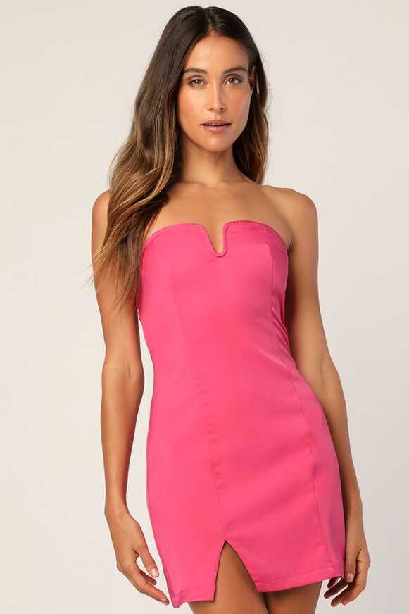 Hot Pink Strapless Dress - Bodycon Mini Dress - Notch Mini Dress ...