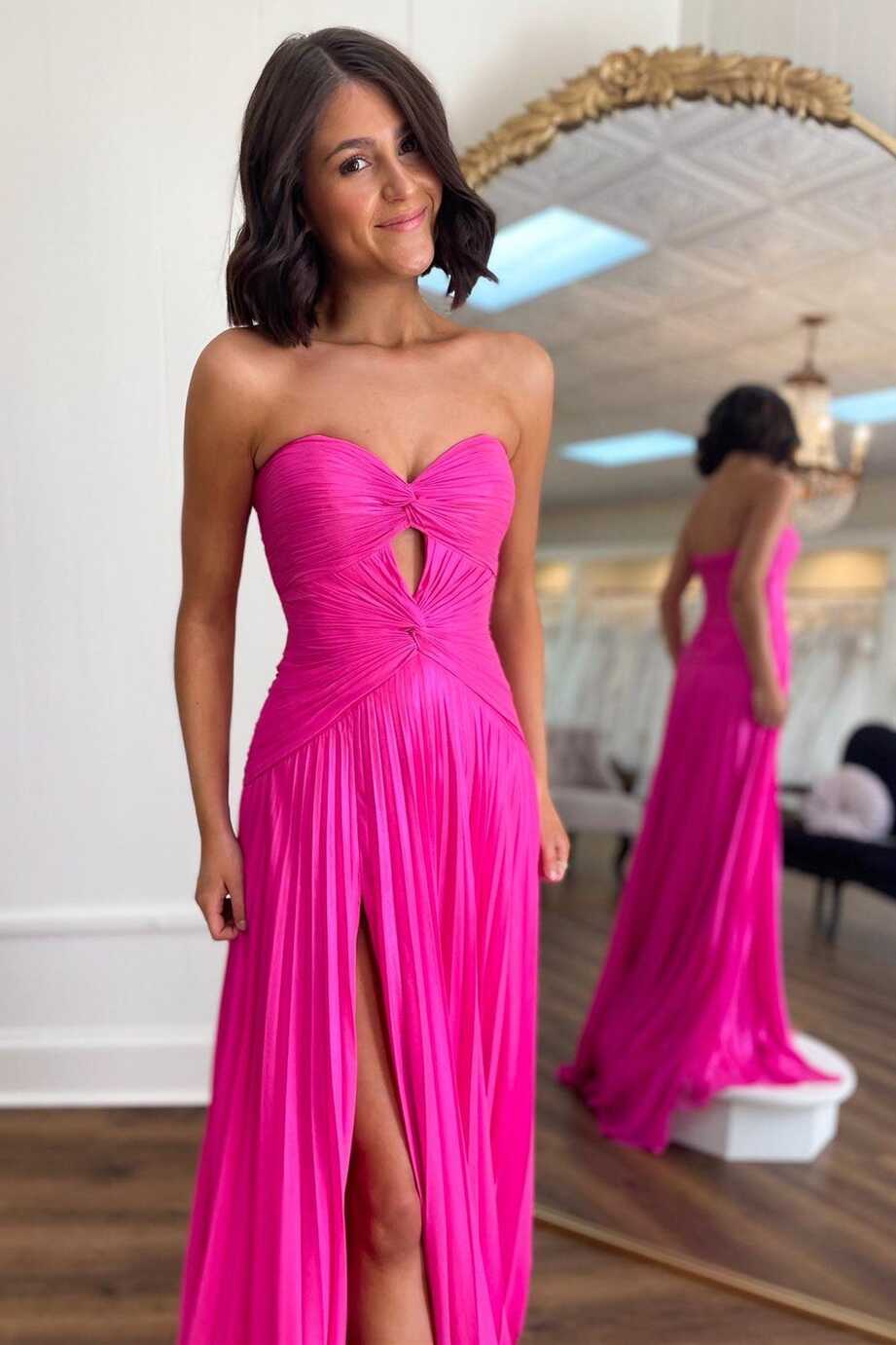 Hot Pink Strapless Keyhole Pleated A-Line Prom Dress | KissProm